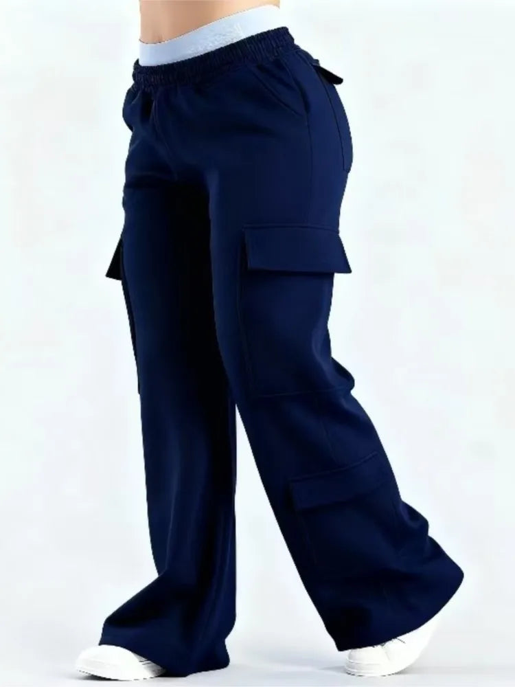 Ropa Mujer Fashion Solid Color Casual Pocket Versatile Pant Spring Temperament Commuting Loose Personality Sports Straight Pants